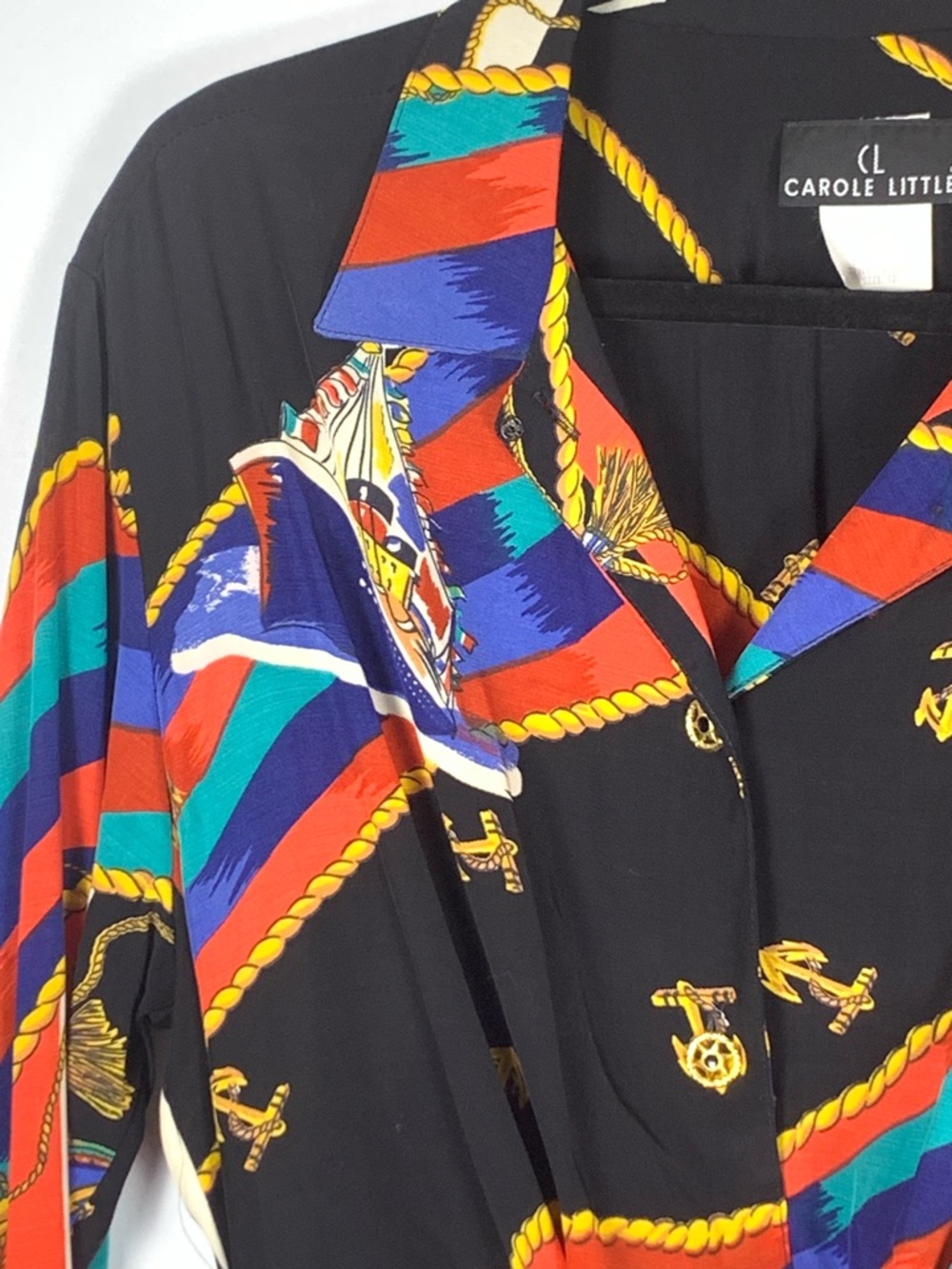 Women's Black Multi-Color Satin Button-Front Tie Blouse - Picture 4 of 15